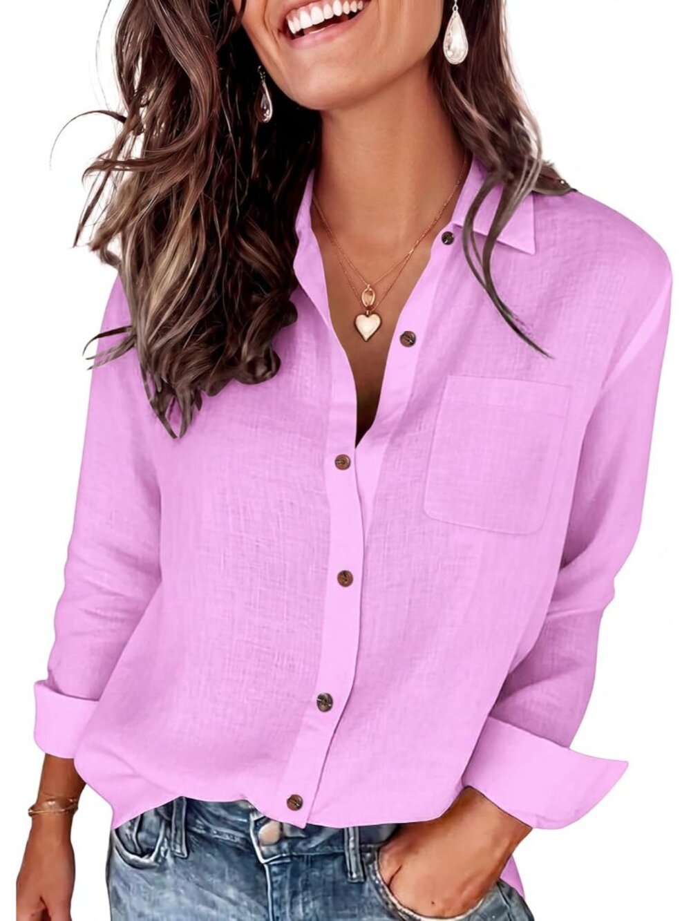 Womens Cotton Linen Shirt Long Sleeve Button Down Collared Blouses Dressy Casual